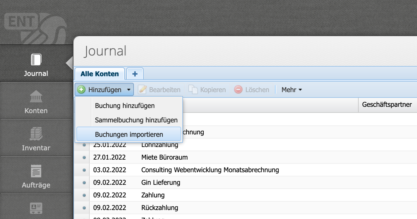 Screenshot des Journals mit dem Hinzufügen Dropdown für "Buchungen importieren"