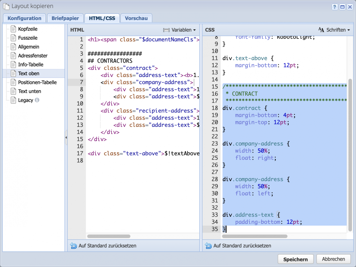 Screenshot des HTML / CSS Reiters des Layouts