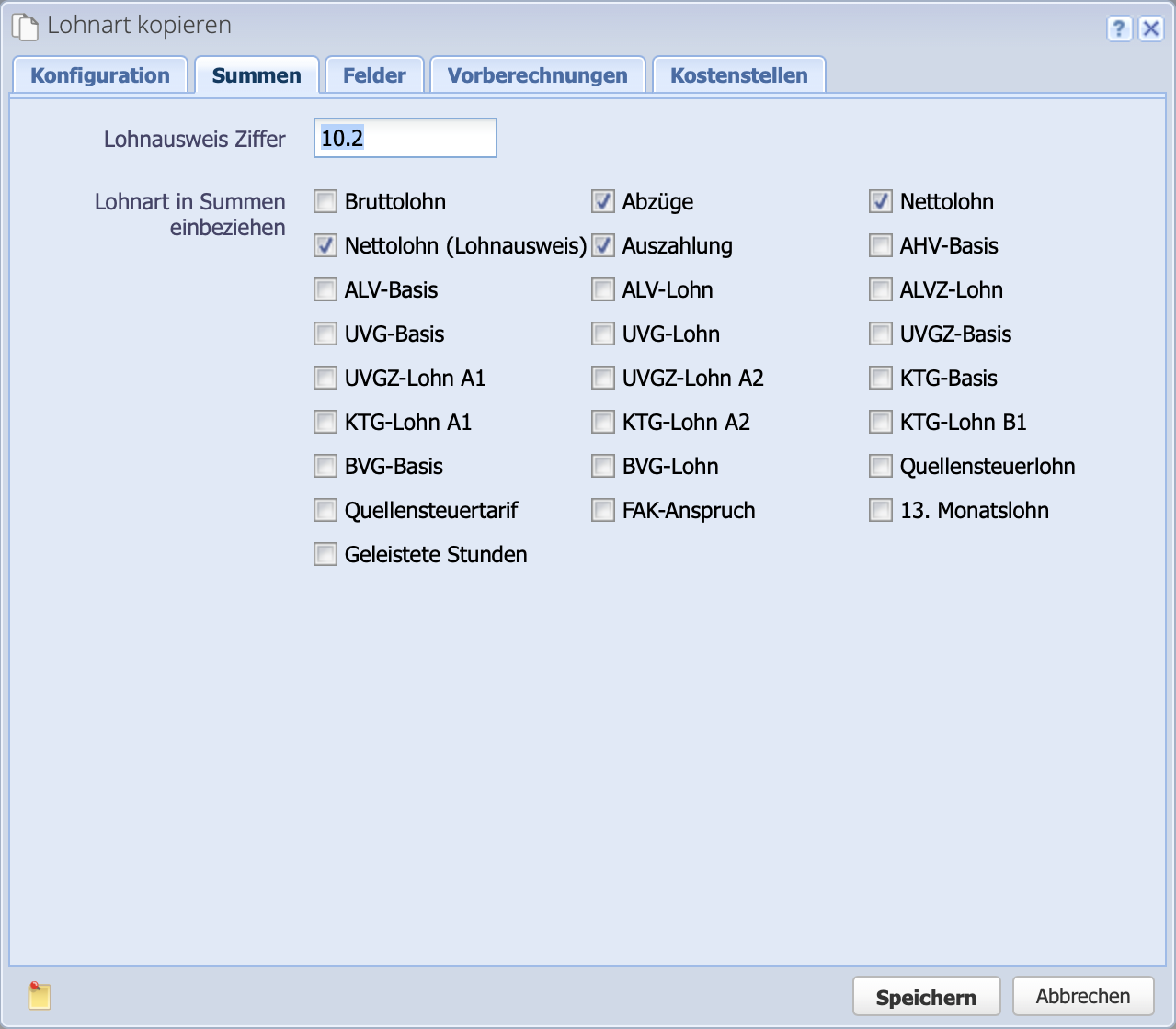 Screenshot des Summen Reiters beim Erstellen einer neuen Lohnart