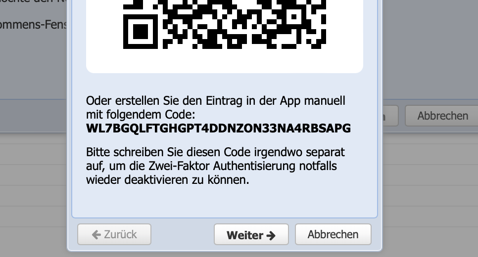 Screenshot des Backup Codes um die Zwei-Faktor Authentisierung auf einem anderen Gerät wieder einzurichten