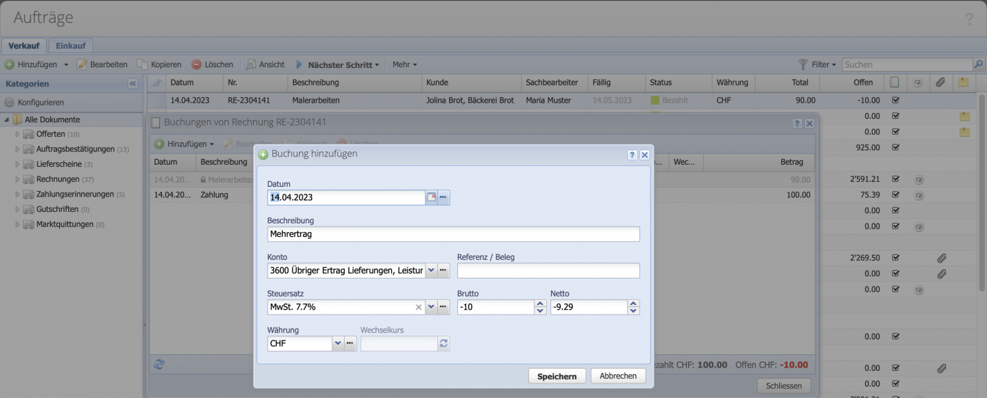 Screenshot Mehrertrag verbuchen