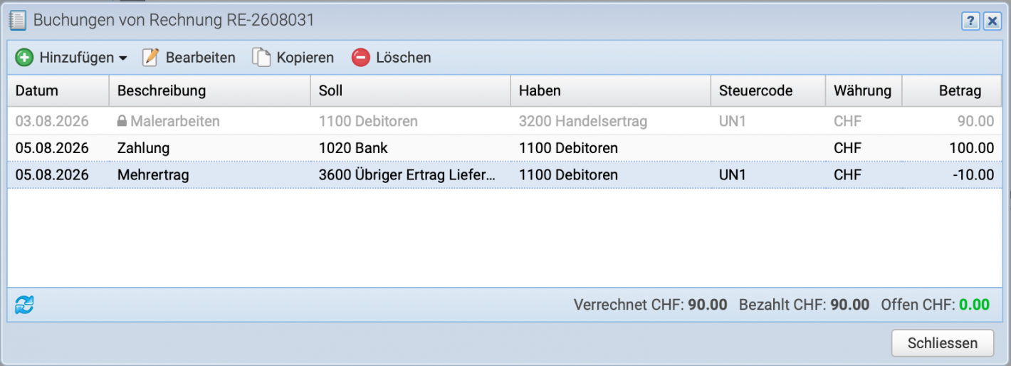 Screenshot of the booking overview for the order with balanced result due to the booked additional revenue
