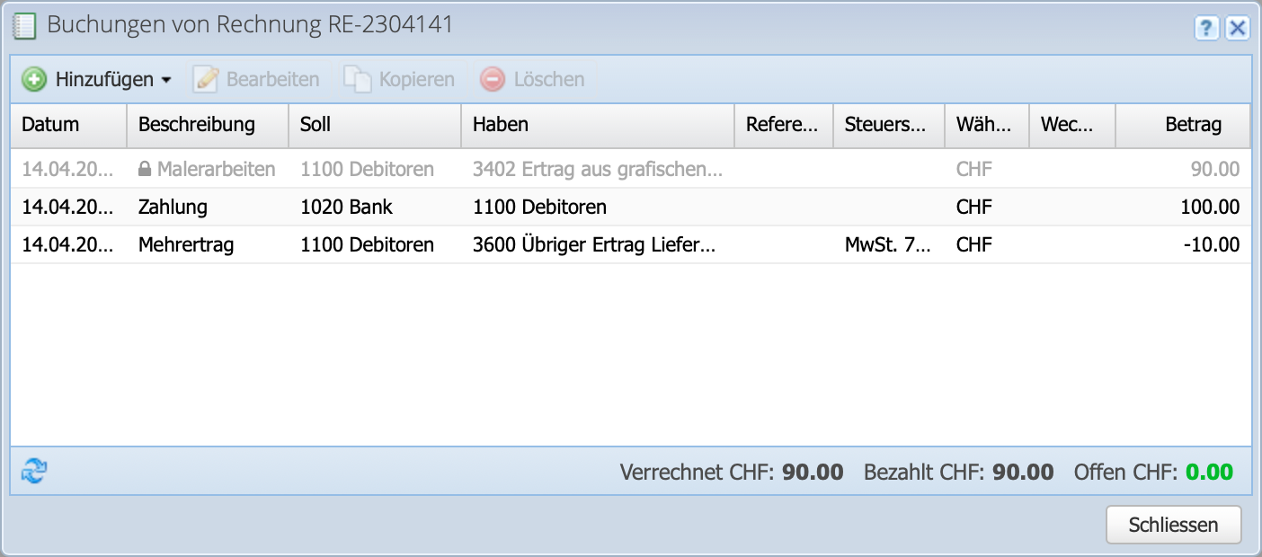 Screenshot Buchungsübersicht zum Auftrag mit ausgeglichenem Ergebnis durch verbuchten Mehrertrag