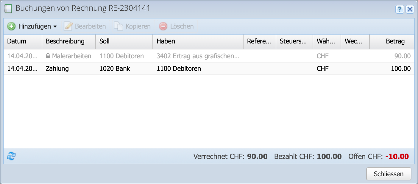 Screenshot Buchungsübersicht zum Auftrag 