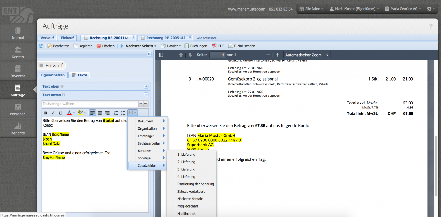 Screenshot invoice preview and dropdown menu of available placeholders for insertion into texts