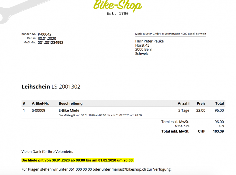 Screenshot of a bike rental slip