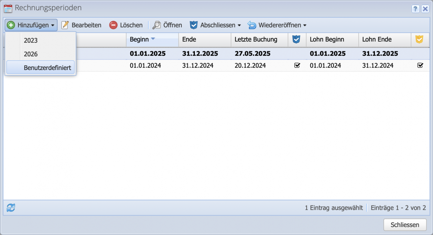 Screenshot des Rechnungsperioden Dialogs