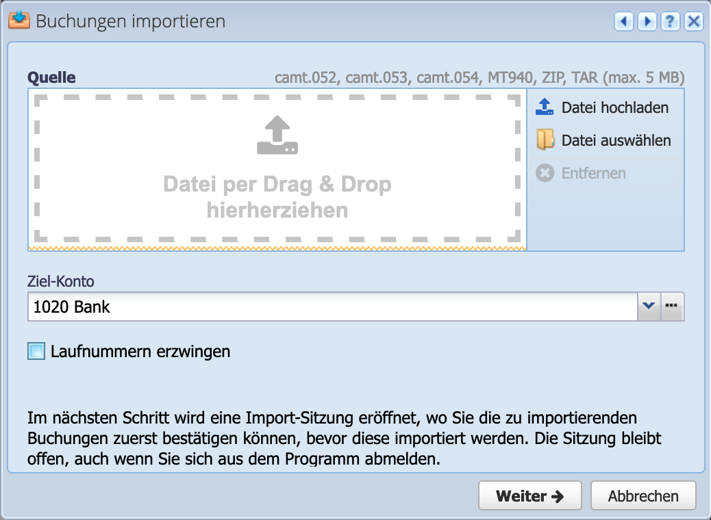 Screenshot des Imports einer camt Datei in CashCtrl
