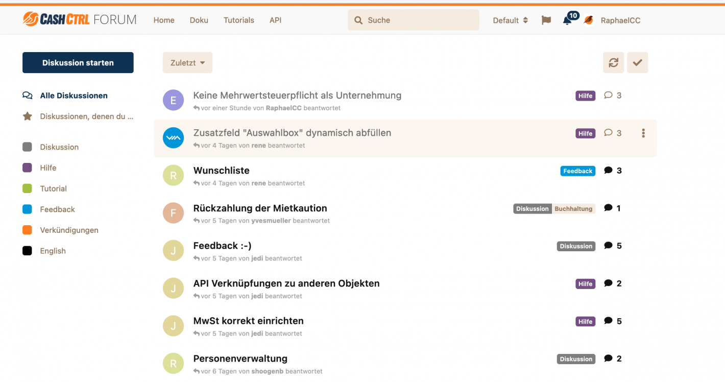 Screenshot des CashCtrl Forums. Support erfolgt aber auch direkt per Mail aus dem Programm.