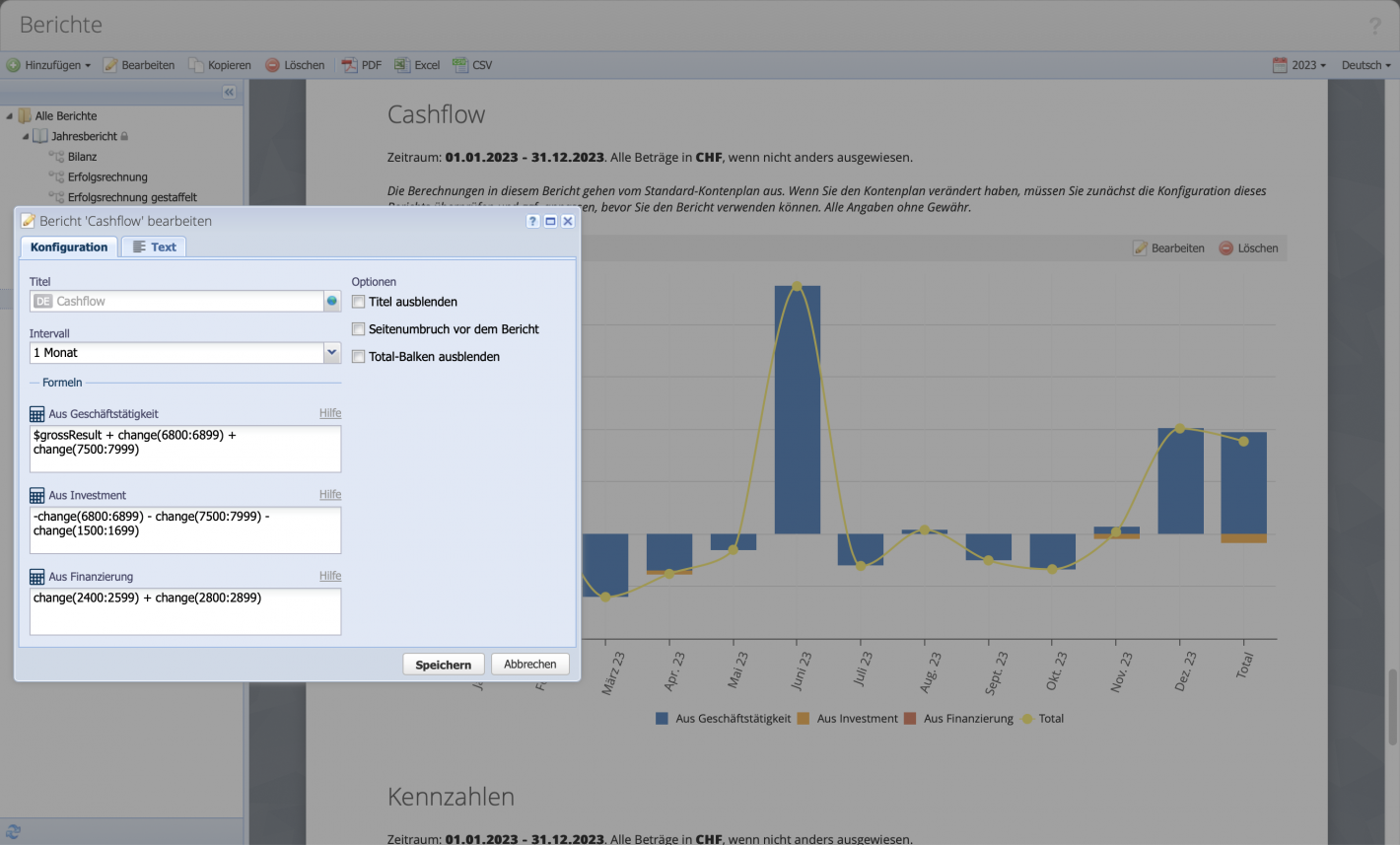 Screenshot of the cash flow report with configuration