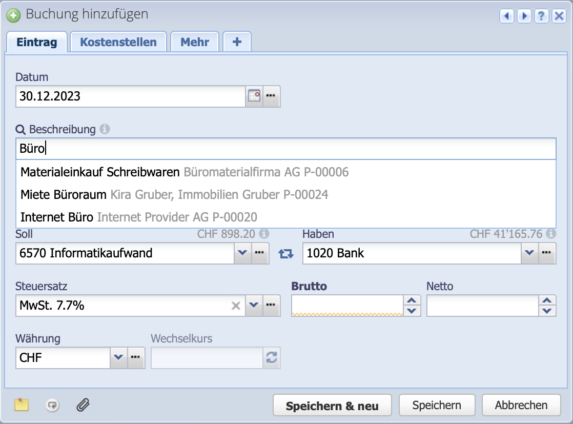 Screenshot of the booking dialog with suggested descriptions of the auto-complete function
