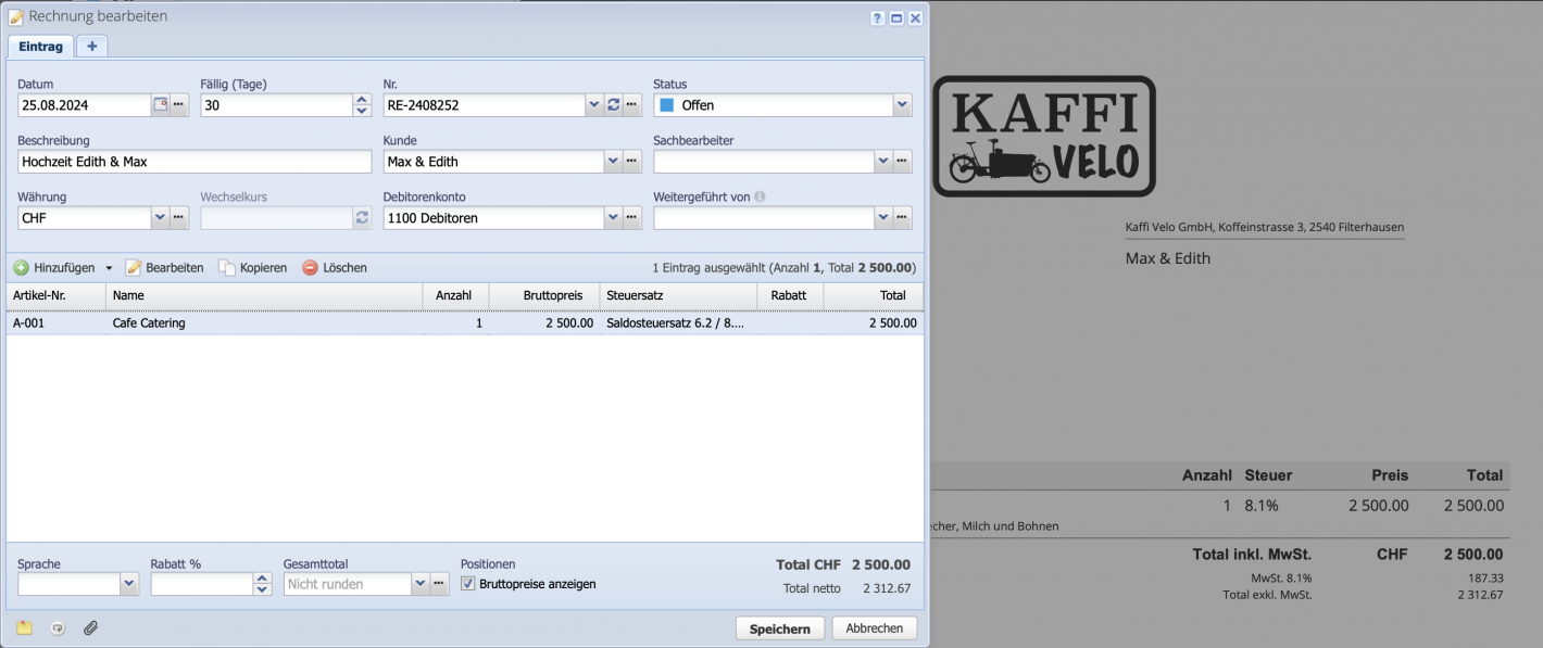 Screenshot CashCtrl Dialog: Position auf dem Rechnungsdokument wählt automatisch den richtigen Steuersatz.