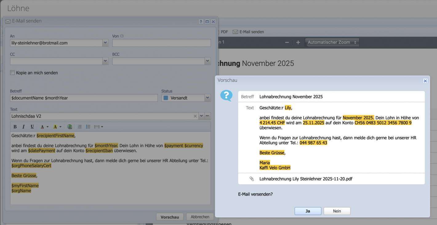 Screenshot einer E-Mail Vorschau beim Versenden einer Lohnabrechnung per E-Mail