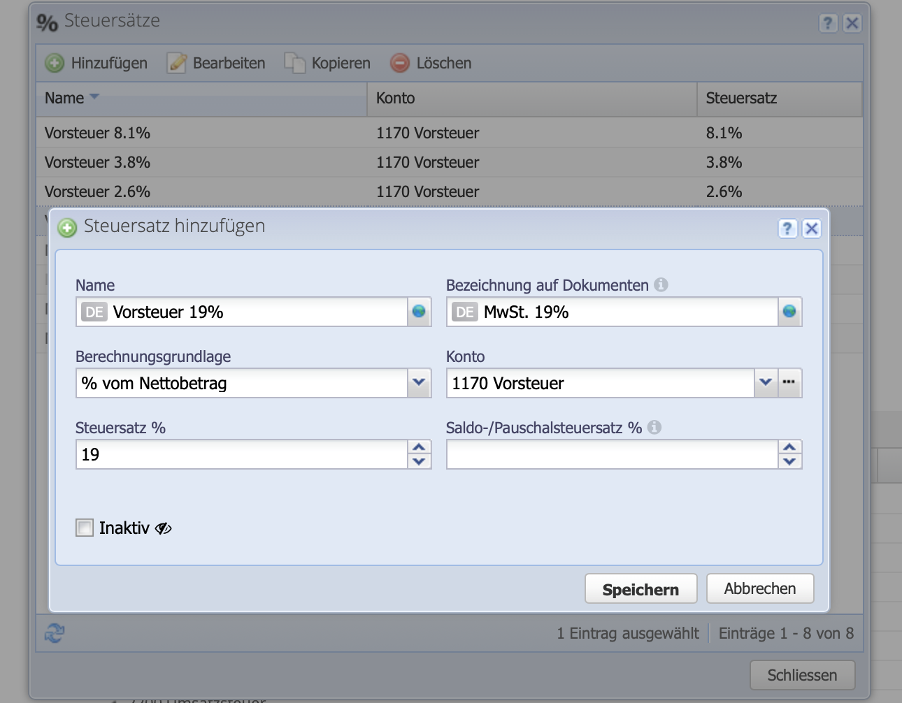 Screenshot of the tax rate settings dialog