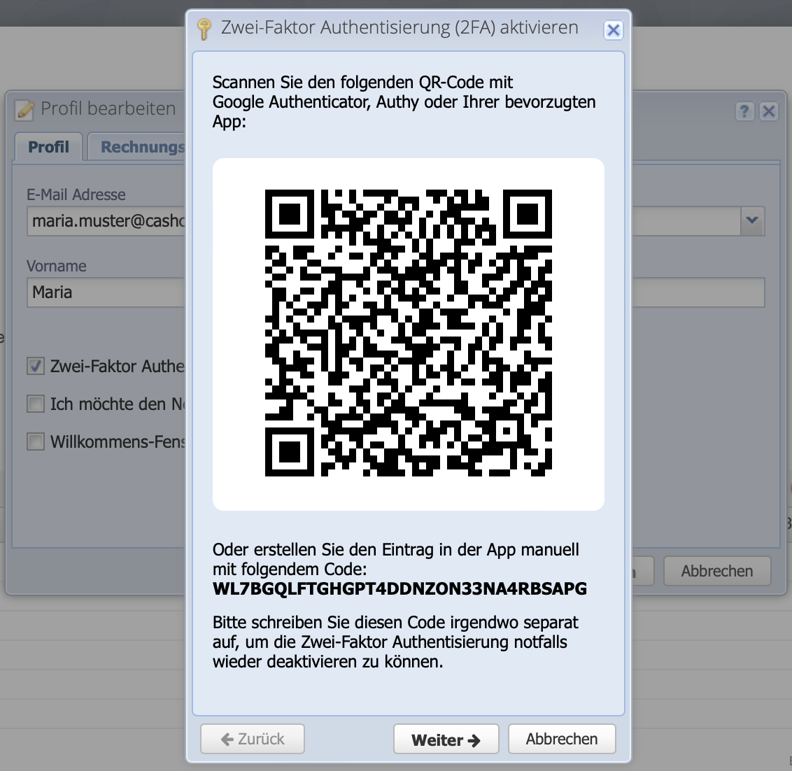 Screenshot of the two-factor authentication setup with QR code