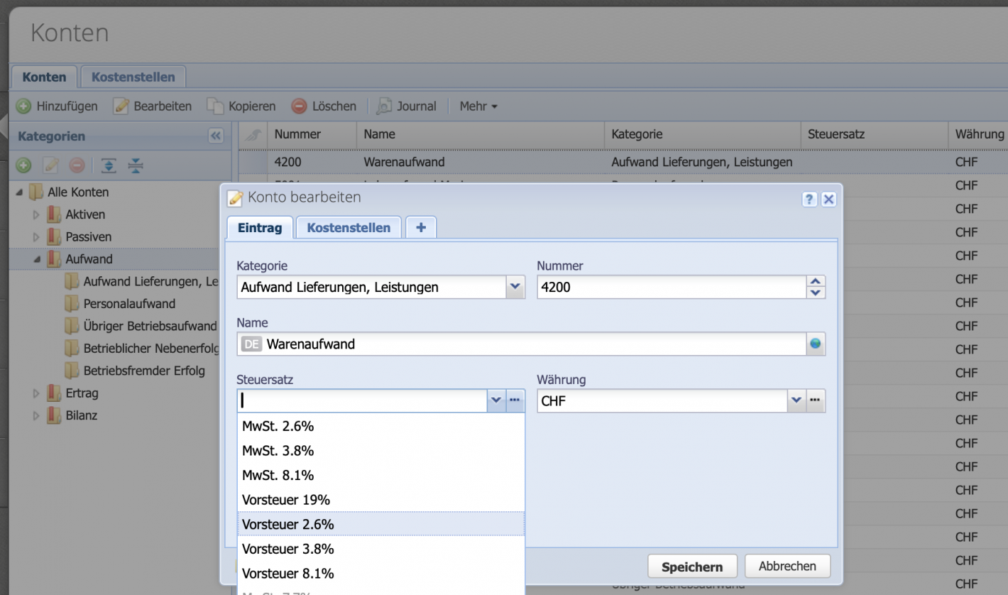 Screenshot of the edit dialog of an account for storing an input tax rate