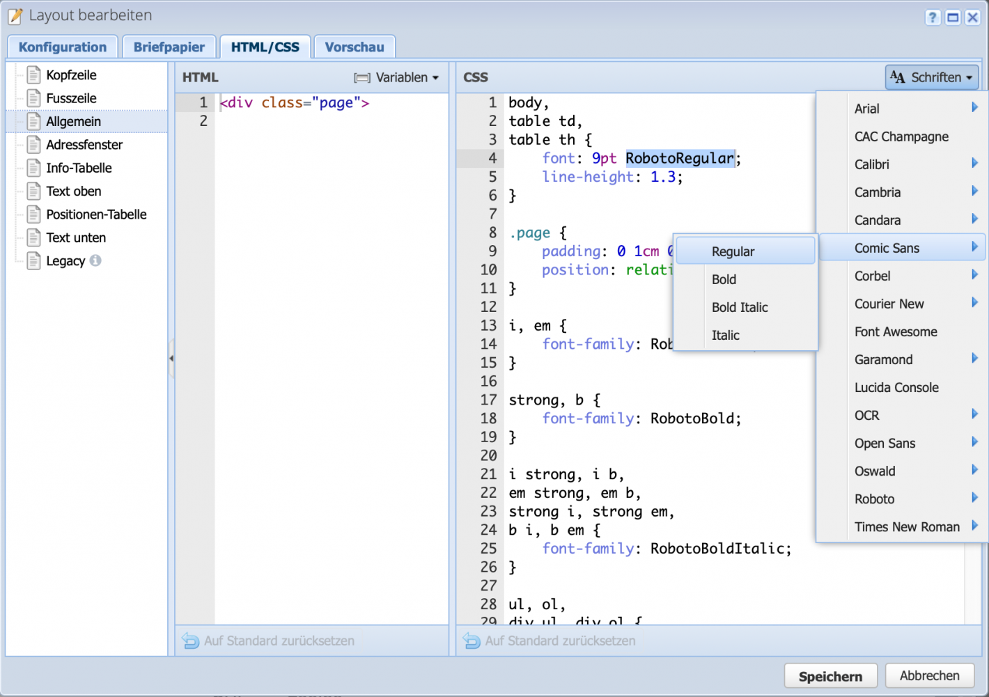 Screenshot der Layout Konfiguration mit dem geöffneten HTML/CSS Reiter, wo aus dem Schriftarten Dropdown Menu eine andere Schrift ausgewählt werden kann.