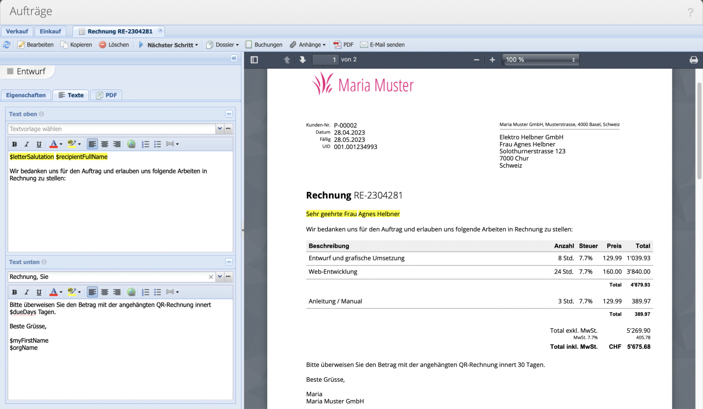 Screenshot der PDF Vorschau mit Editor in der Seitenleiste für Texte oben und unten.