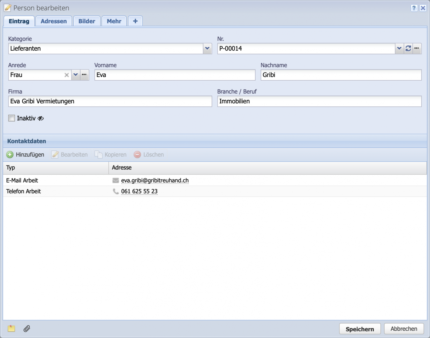 Screenshot eines Personeneintrags