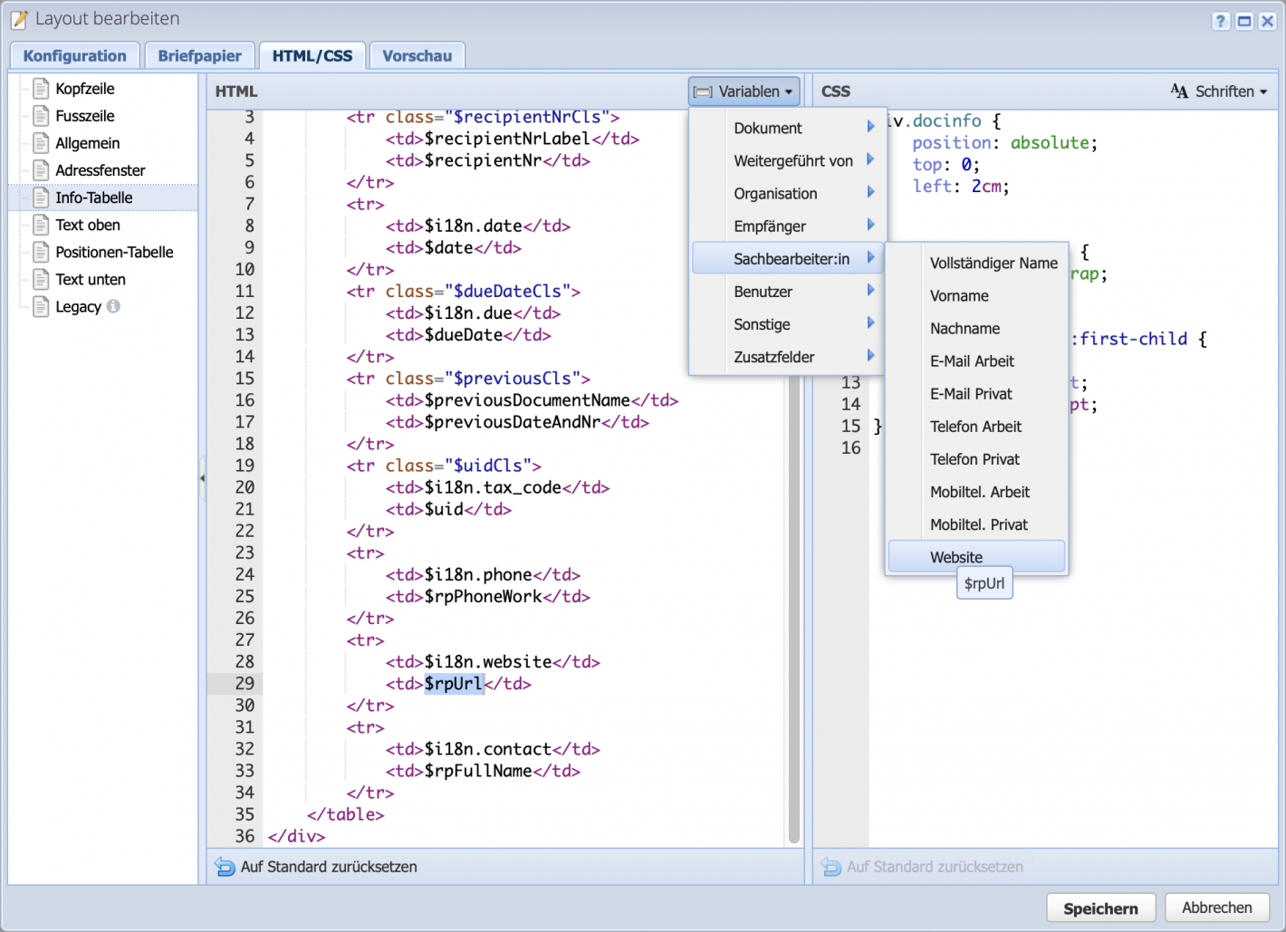 Screenshot of the HTML/ CSS editor for layouts in CashCtrl