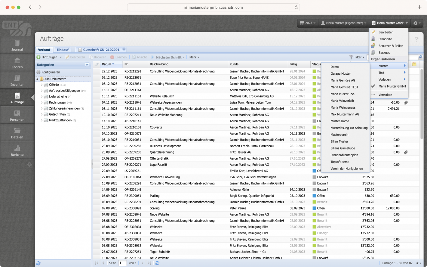 Screenshot of the client overview as dropdown in CashCtrl