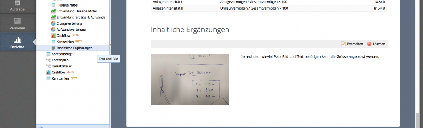 Screenshot of the "Text and image" report element