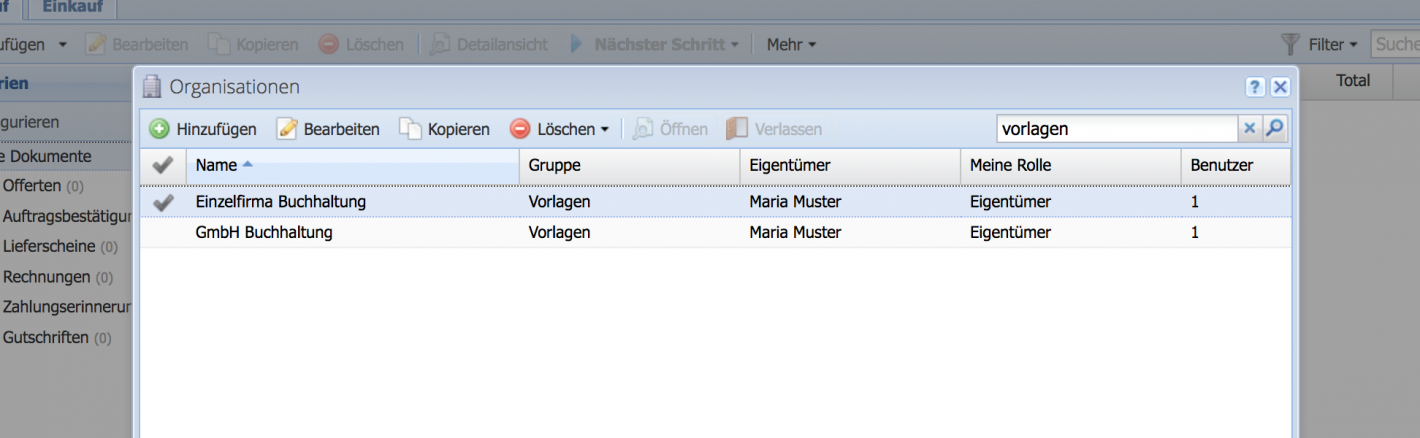 Screenshot der Mandanten Verwaltung in CashCtrl