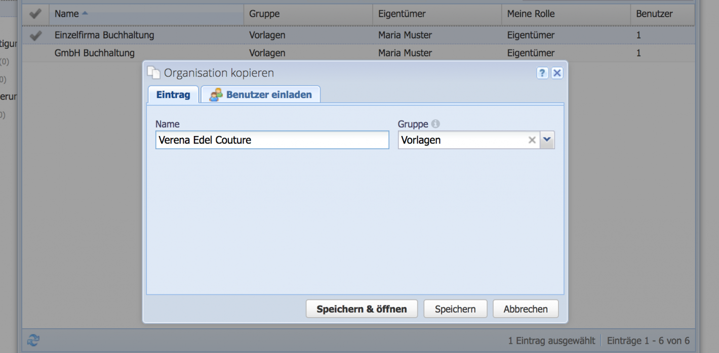 Screenshot des Kopierens eines Mandanten in CashCtrl