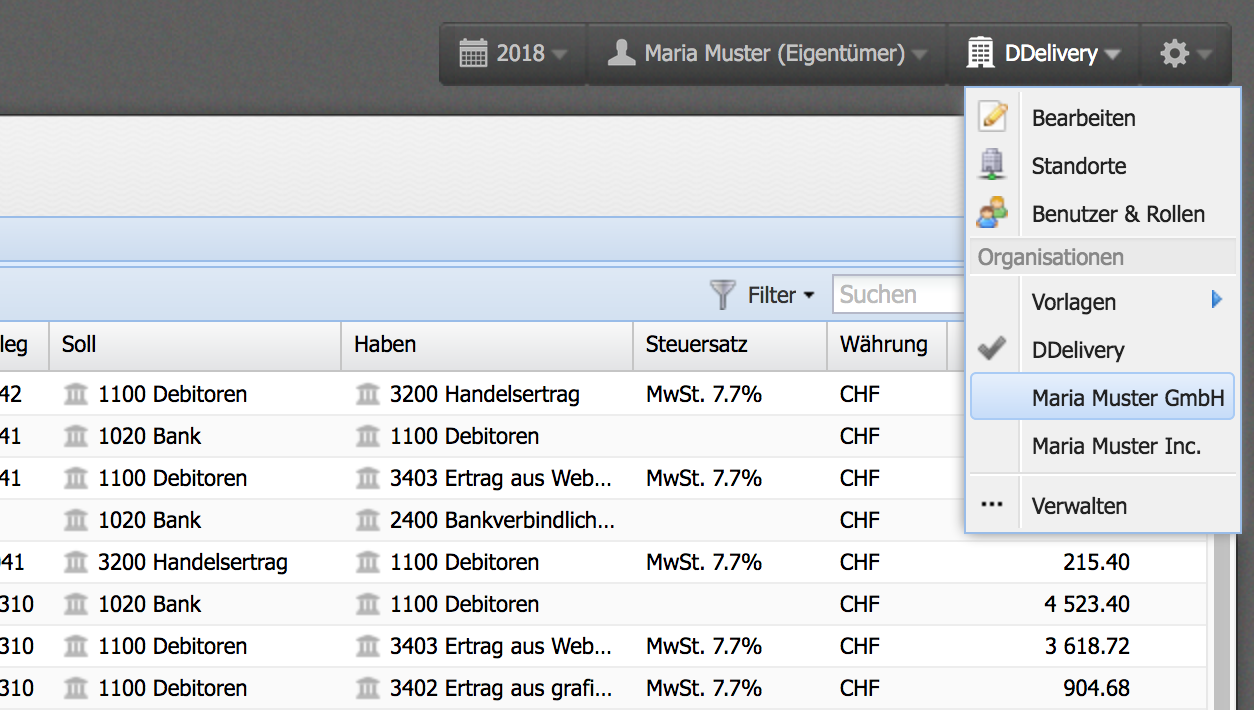Screenshot der Mandanten&uuml;bersicht als Dropdown in CashCtrl