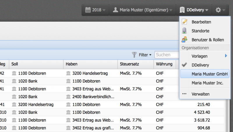 Screenshot der Mandanten&uuml;bersicht als Dropdown in CashCtrl