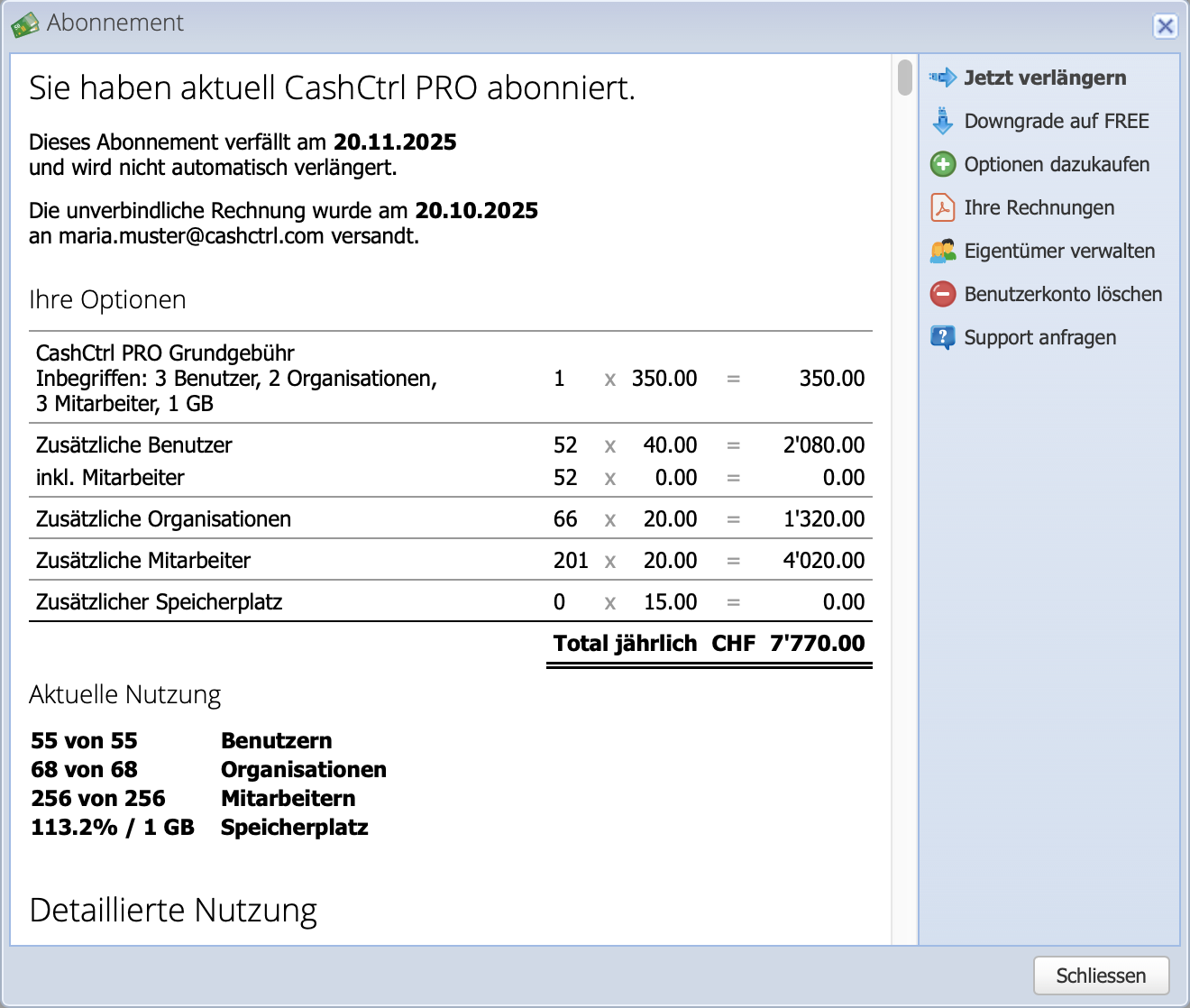 Screenshot of the subscription overview in CashCtrl