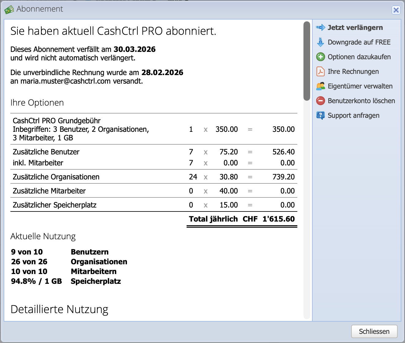 Screenshot of the subscription overview in CashCtrl