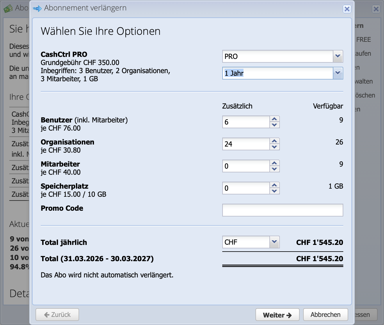 Screenshot of the CashCtrl subscription renewal dialog.