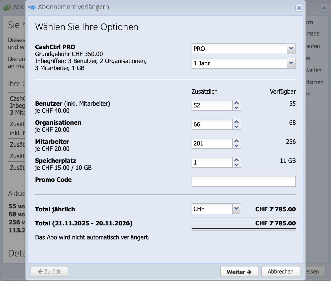 Screenshot of the CashCtrl subscription renewal dialog.