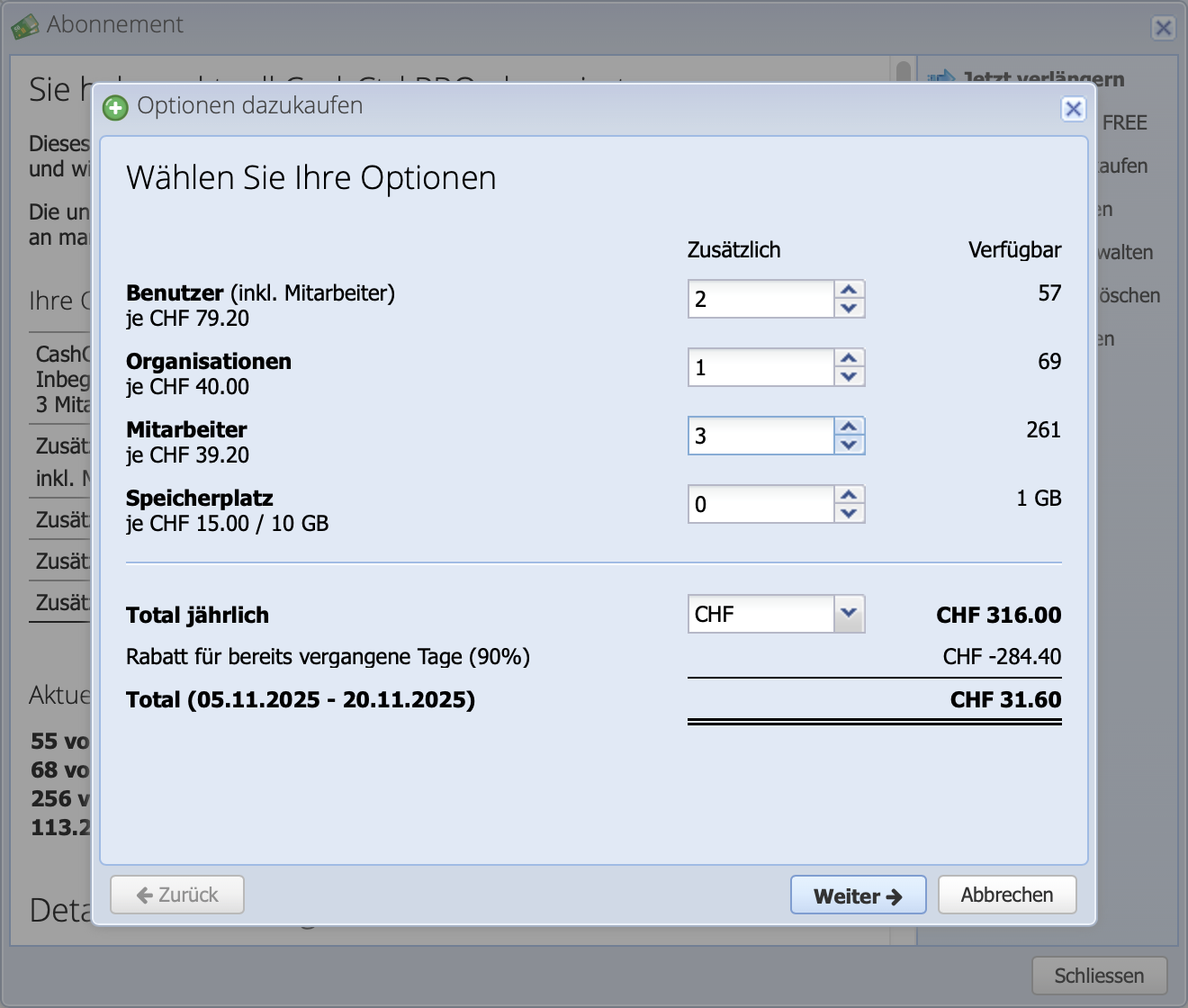 Screenshot of the dialog to buy additional options