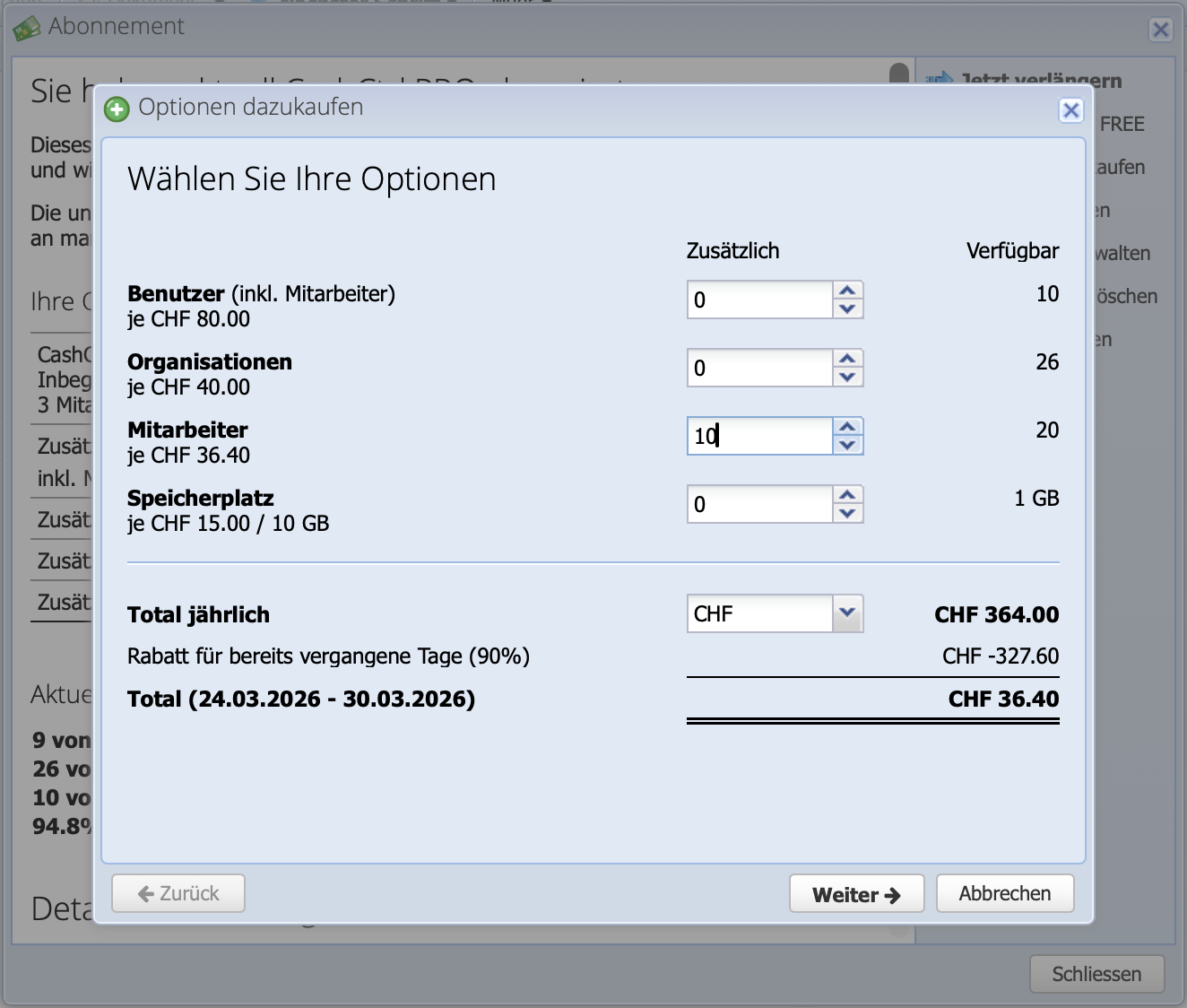 Screenshot of the dialog to buy additional options