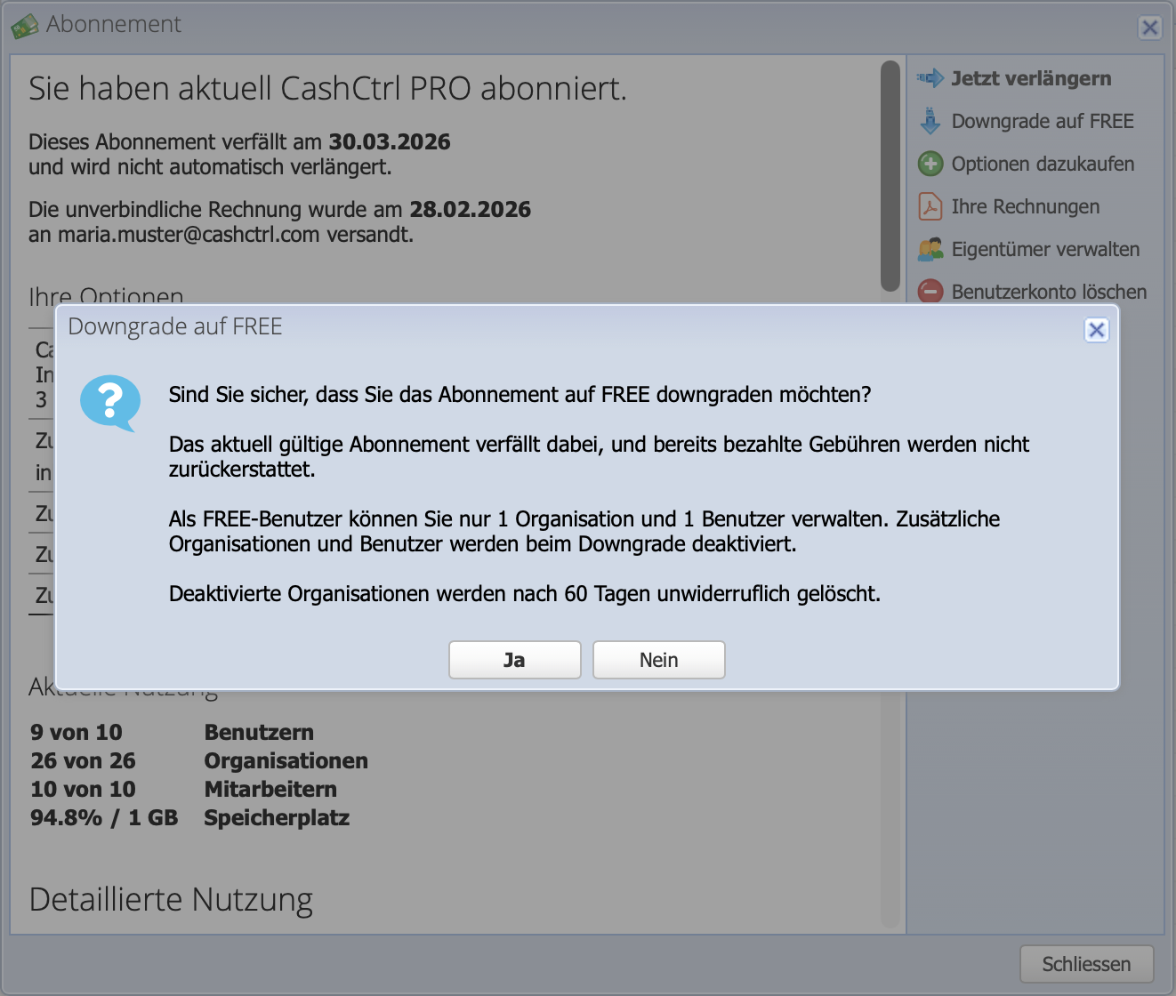 Screenshot of the downgrade to FREE, inquiry, and description of the consequences of the downgrade