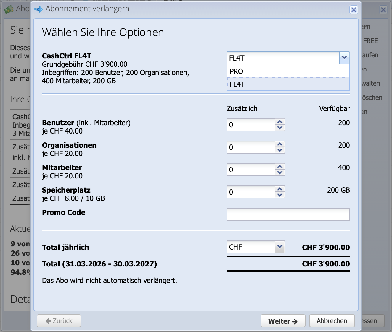Screenshot of the subscription renewal dialog where the FL4T pricing plan is selected.
