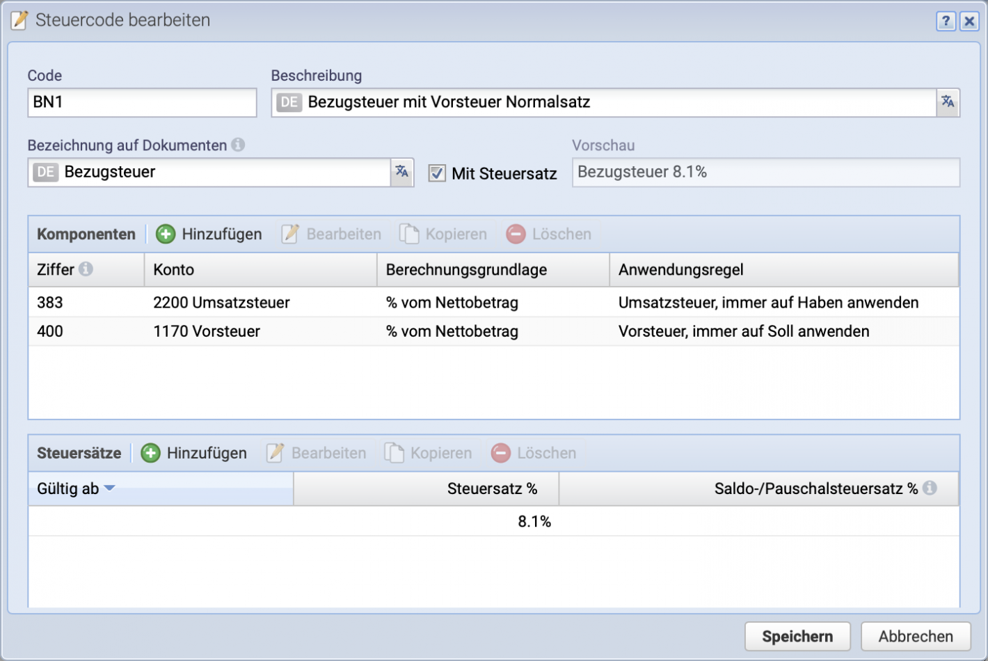 Screenshot des Steuercode Hinzuf&uuml;gen Dialogs.