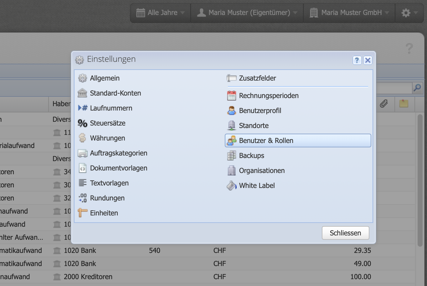 Screenshot der Einstellungen in CashCtrl