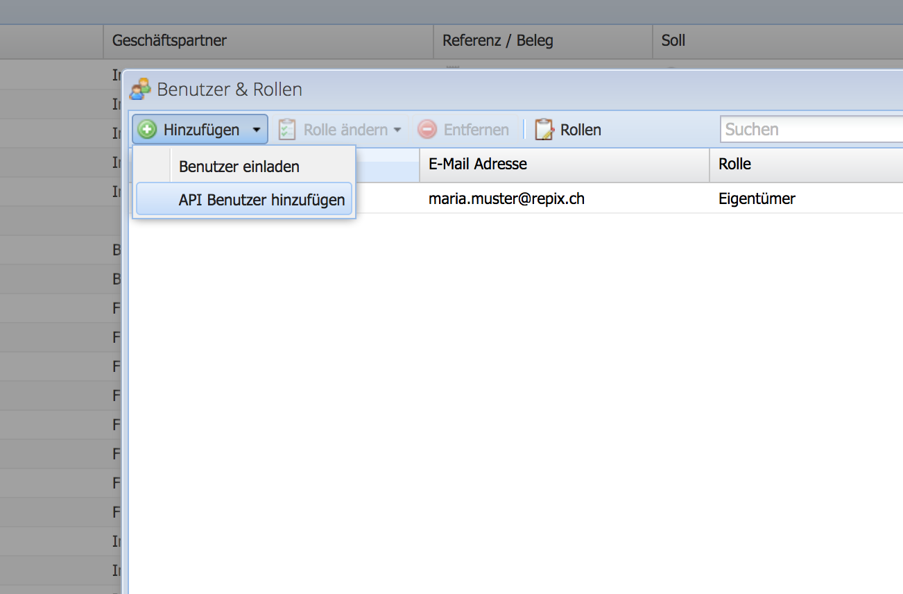 Screenshot der Benutzer & Rollen Verwaltung in CashCtrl beim Erstellen eines neuen API Users