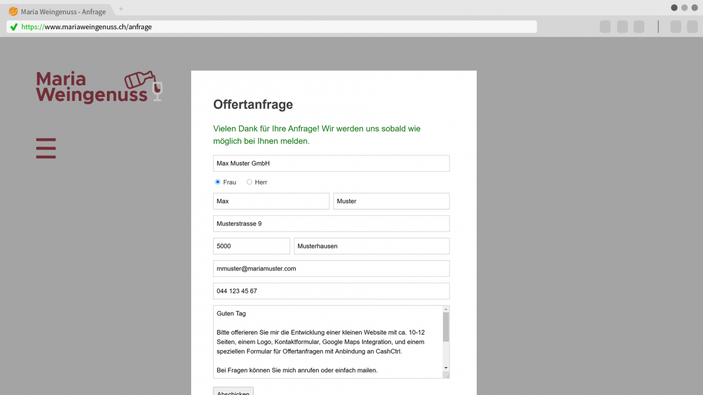 Screenshot from CashCtrl demo website of a quote request via PHP