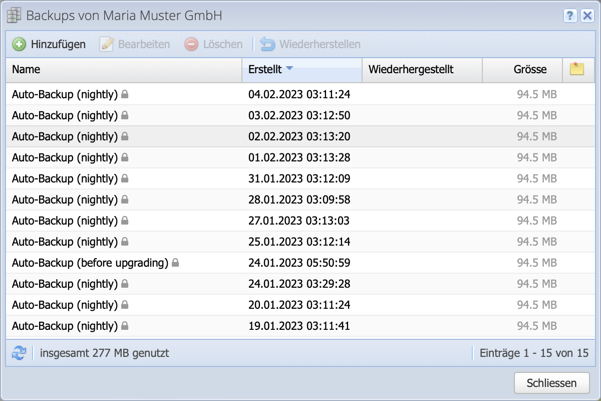 Screenshot of the backup overview dialog in CashCtrl