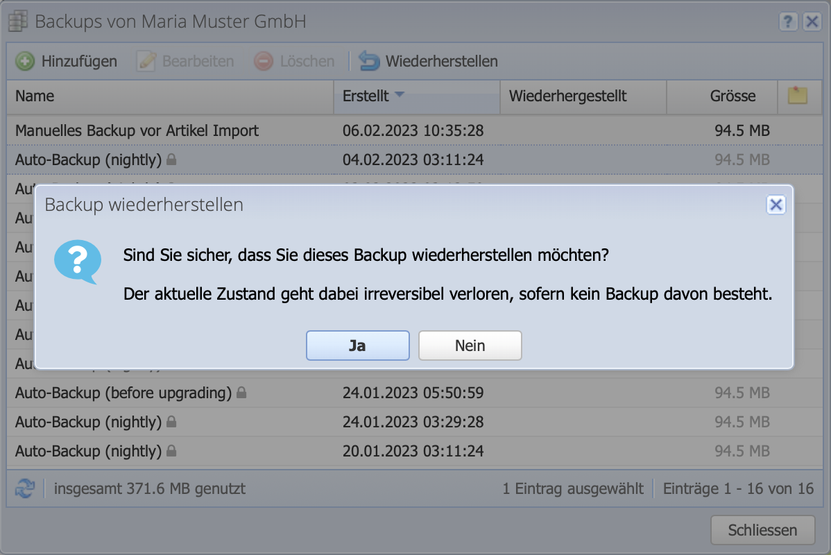 Screenshot der System Nachfrage ob Backup wirklich wiederhergestellt werden soll