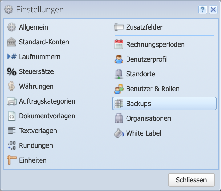 Screenshot of the CashCtrl settings with selected backups