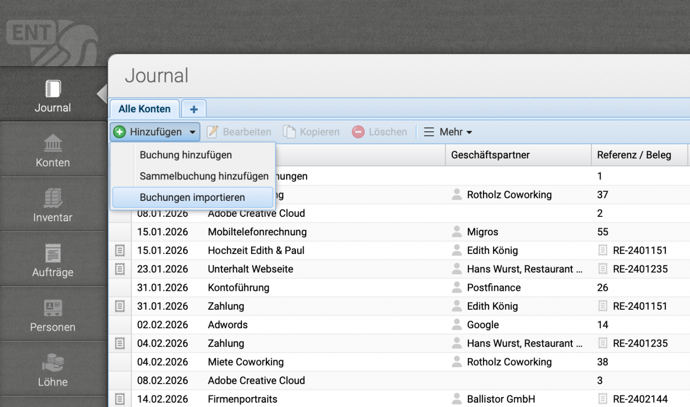 Screenshot des Hinzuf&uuml;gen Dropdown Men&uuml;s f&uuml;r den Buchungsimport