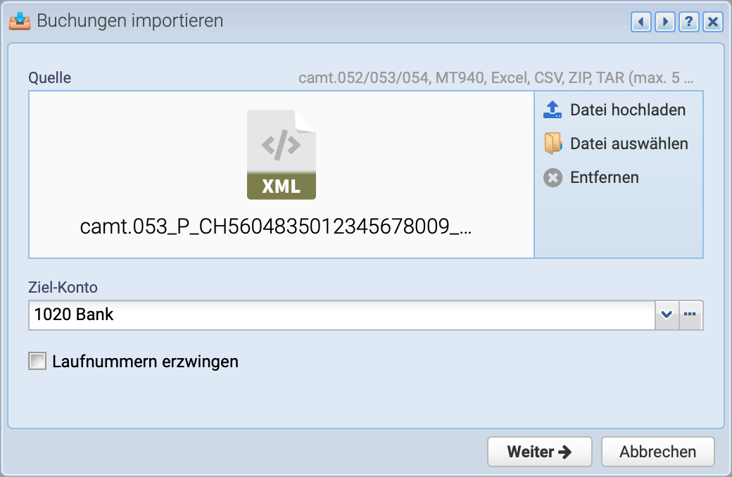 Screenshot des Imports einer camt Datei in CashCtrl