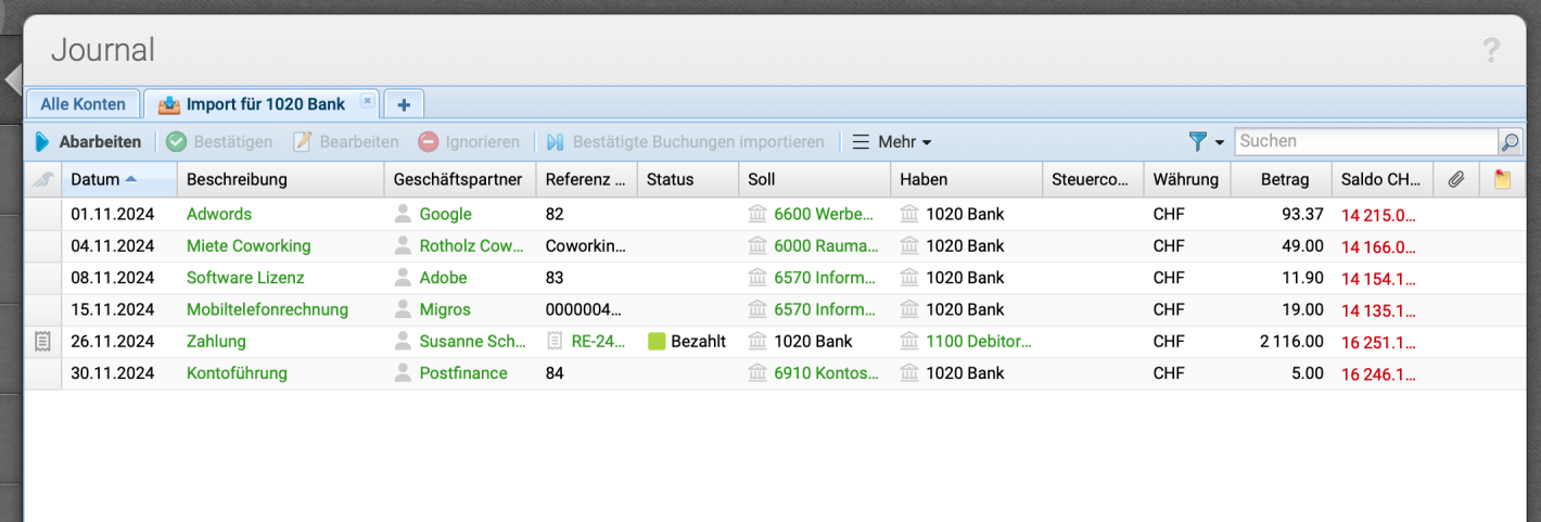 Screenshot des Importfenster beim Import von Camt Dateien