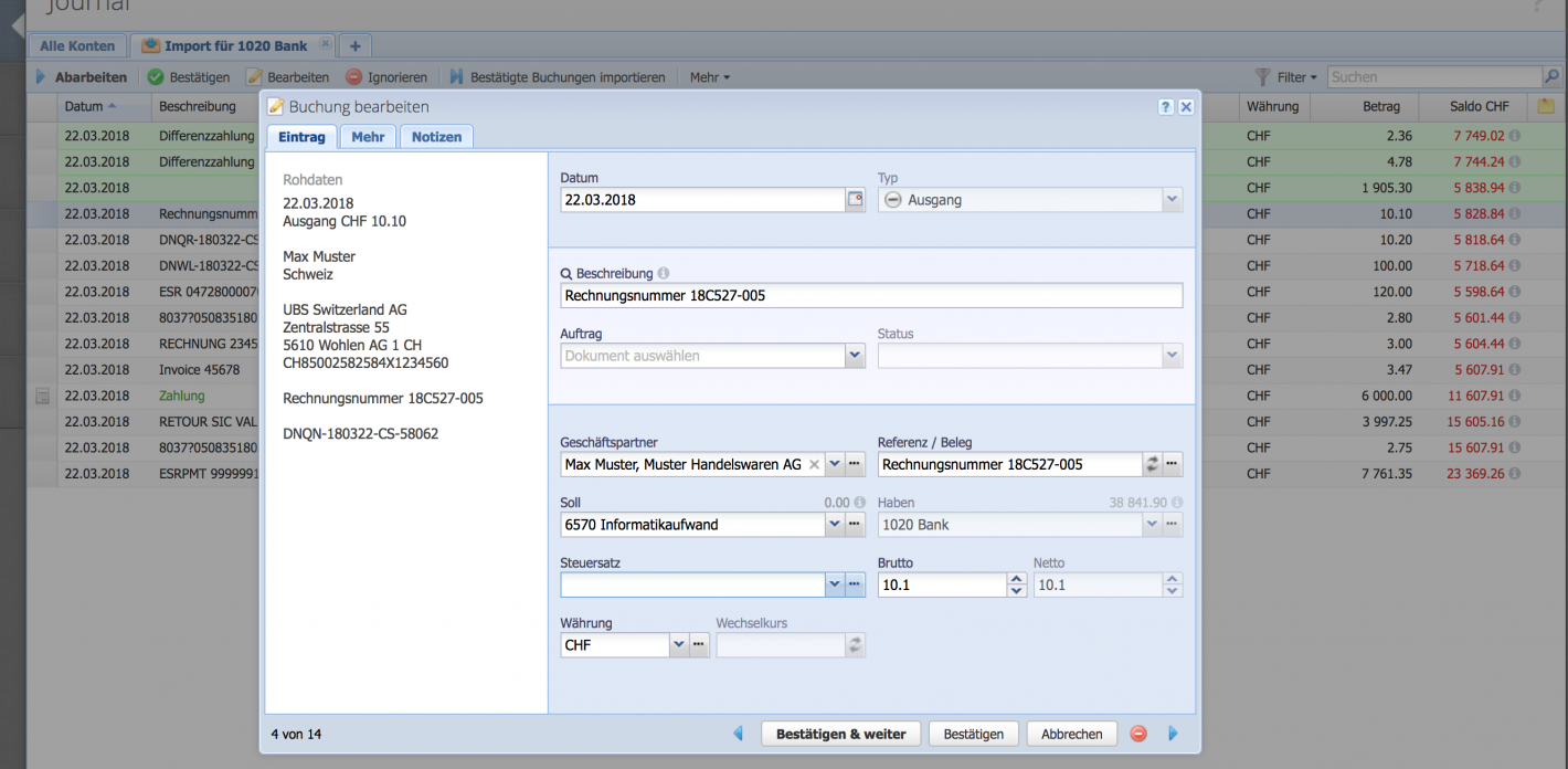 Screenshot of the processing of a booking with raw data on the left and recognized fields on the right