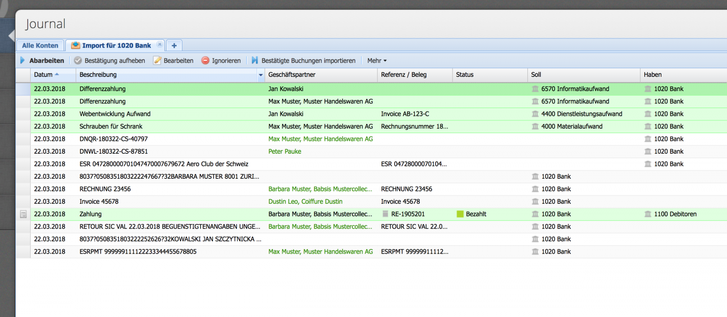Screenshot of the processed bookings before performing the import